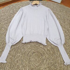 Lavender Puff Sleeve Ruffle Mock Neck Crop Knit Sweater
